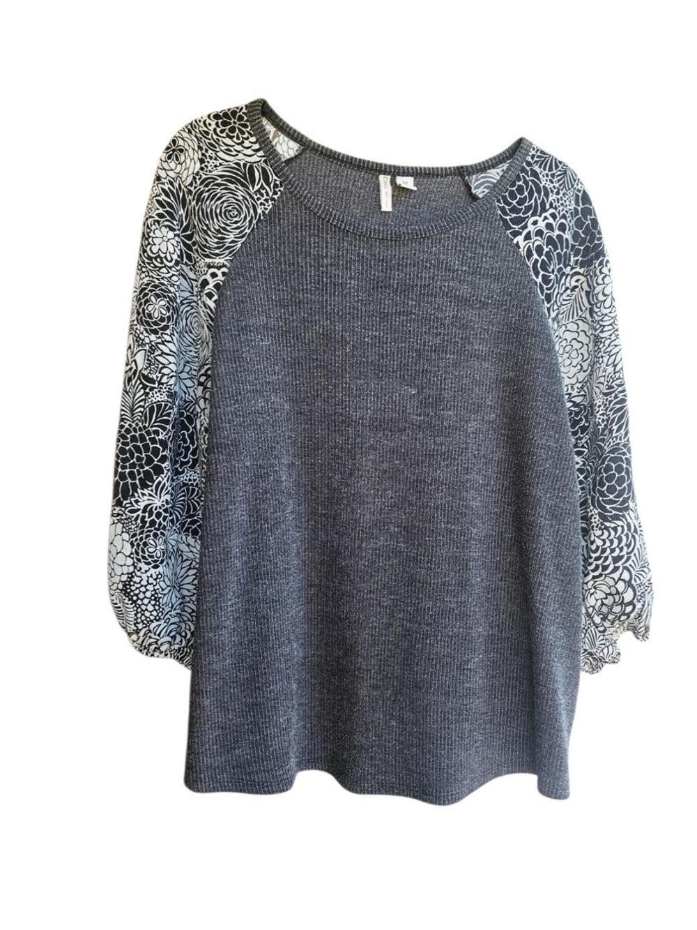 Cato Mixed Media Top Size Medium Gray Floral Balloon Sleeves